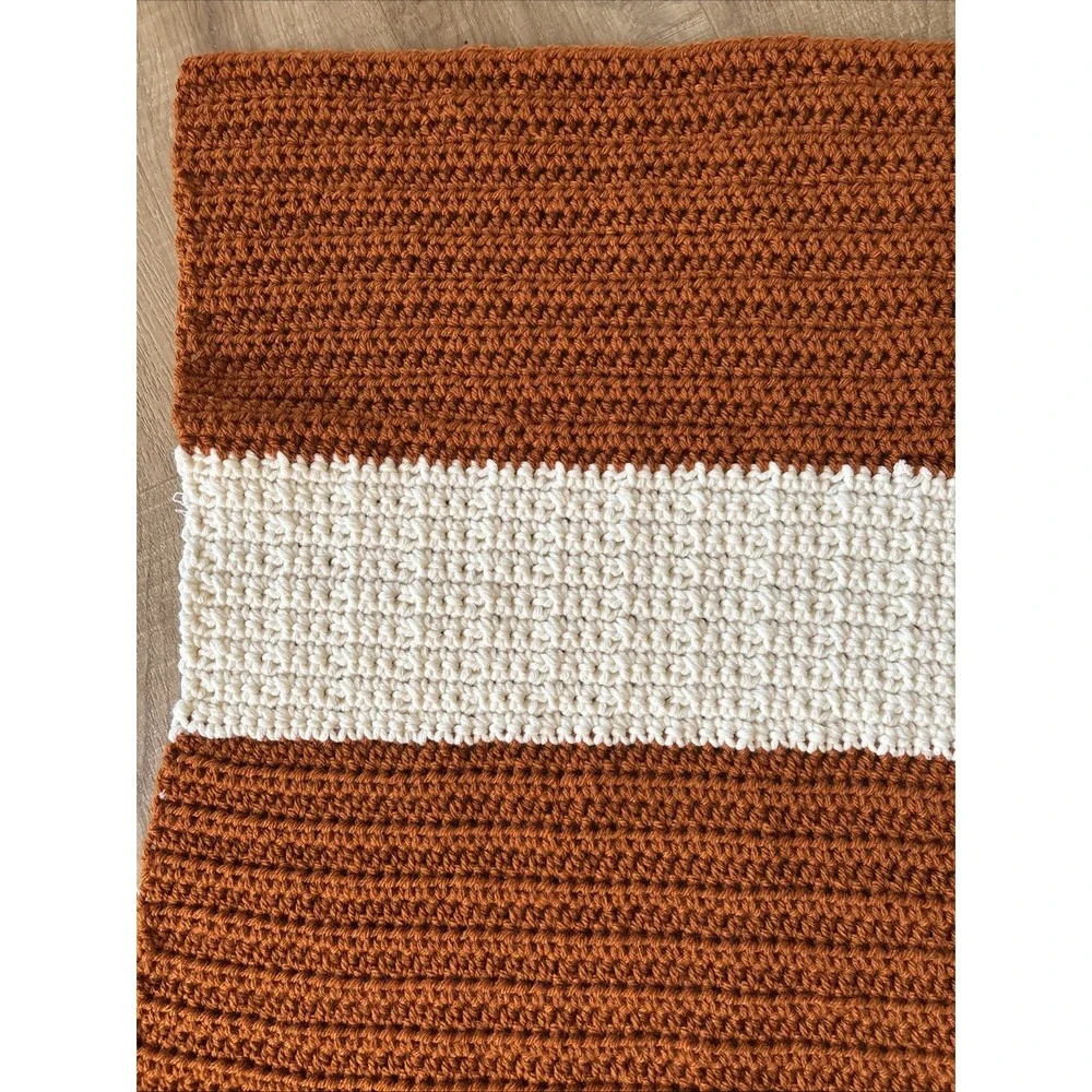 Hand Crocheted Baby Afghan Blanket Burnt Orange & Cream 23
